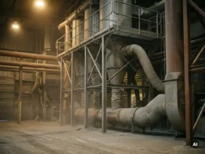 Industrieel stoffiltersysteem in bulkverwerkingsfaciliteit met fijn grijs poeder rond verzegelde metalen kanalen en flexibele stoffen verbindingen.