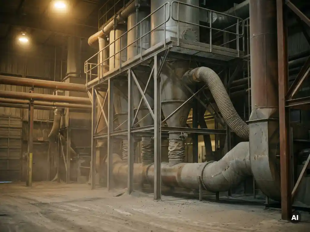 Industrieel stoffiltersysteem in bulkverwerkingsfaciliteit met fijn grijs poeder rond verzegelde metalen kanalen en flexibele stoffen verbindingen.