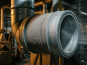 Industrieel stoffilter in fabrieksventilatiebuis met zichtbare grijze stofdeeltjes op het filtermembraan.