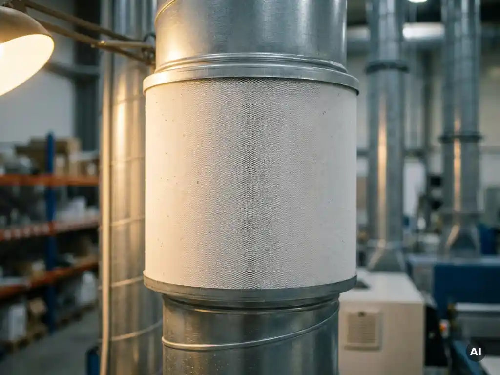 Cilindrisch industrieel ventilatierooster op roestvrijstalen luchtkanaal, fijn filternetwerk met stofdeeltjes zichtbaar in warme werkplaatsverlichting.