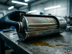 Doorgesneden industrieel vloeistoffilter met gelaagd mesh-filtratiemedium, koelvloeistof rondom de basis op stalen werkoppervlak.