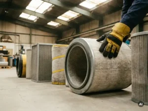 Gloved technician inspects industrial air filters of various sizes on a concrete workshop floor.