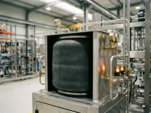 Rubber luchtveerblaasbalg gemonteerd in roestvrijstalen industrieel doseersysteem met drukfittingen en metalen leidingen.