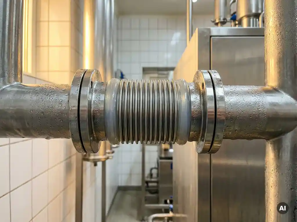 Roestvrijstalen hygiënische flexibele slangverbinding in een voedselverwerkingspijpleiding met condensdruppels op gepolijst metaal.