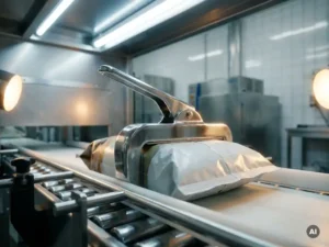 Roestvrijstalen zakklem op verzegelde industriële voedselverpakking op transportband in hygiënische productiefaciliteit.