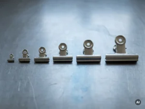 Roestvrijstalen zakklemmen in oplopende maten gerangschikt op een metalen ondergrond, gefotografeerd van bovenaf.