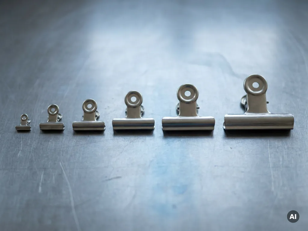 Roestvrijstalen zakklemmen in oplopende maten gerangschikt op een metalen ondergrond, gefotografeerd van bovenaf.