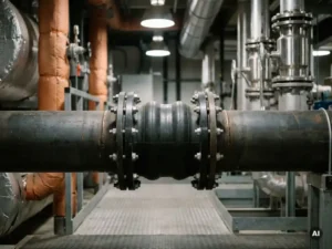 Flexibele rubberen expansievoeg tussen twee stalen industriële leidingen in een moderne installatieruimte met klepafsluiter.
