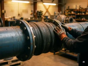 Gehandschoende handen inspecteren een rubber flexibele koppeling op een industriële energieleiding, met stalen flenzen en bouten op de achtergrond.