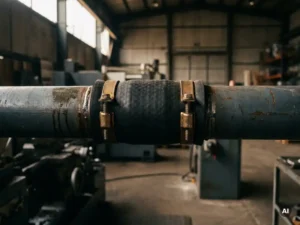 Flexibele rubberen manchet geklemd tussen twee stalen industriële buizen, scherp detail van klem en rubbertextuur.