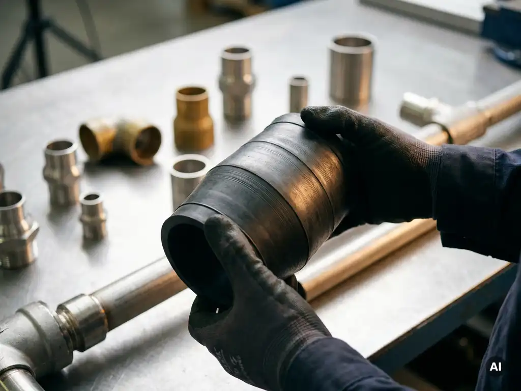 Gehandschoende handen houden een conische rubberen verloopring boven een roestvrijstalen leidingsysteem, met diverse fittingen op een werkoppervlak.