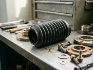 Gecorrigeerde rubberen balg met accordeonvouwen op stalen werkbank, omringd door metalen flensen en bevestigingsmiddelen.