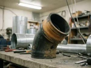 Getaperde rubberen manchet op een gehoekte industriële pijpverbinding, omgeven door metalen kanaalwerk in een werkplaats.