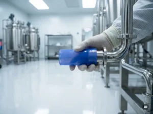 Flexibele siliconen connector gemonteerd op roestvrijstalen farmaceutische pijpleiding in een cleanroom met gepolijste chromen fittingen.
