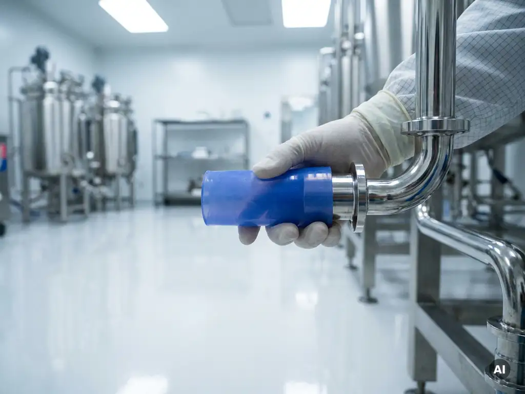 Flexibele siliconen connector gemonteerd op roestvrijstalen farmaceutische pijpleiding in een cleanroom met gepolijste chromen fittingen.
