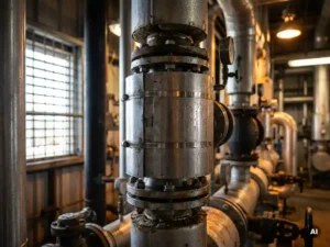 Roestvrijstalen spuitschild om industriële pijpflens in chemische installatie, met zichtbare vochtsdruppels op het metaaloppervlak.