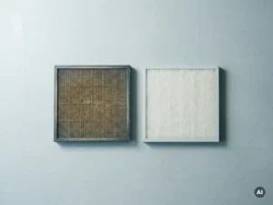 Versleten industrieel ventilatiefilter met stofophoping naast een nieuw vervangingsfilter op betonnen ondergrond.
