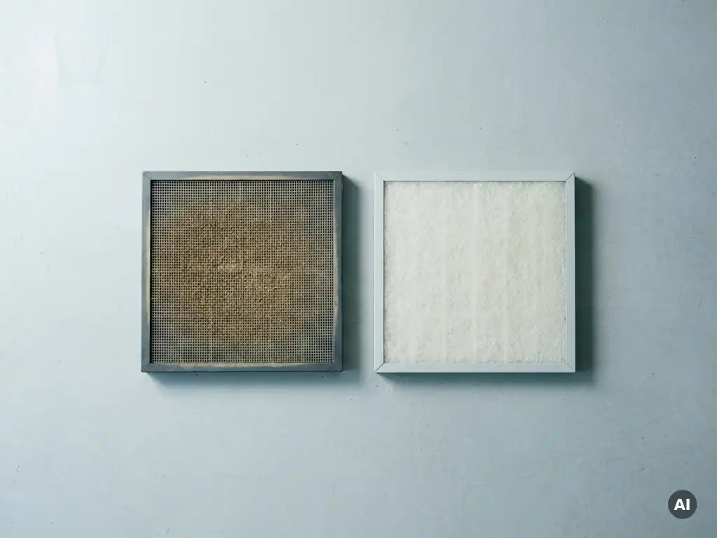 Versleten industrieel ventilatiefilter met stofophoping naast een nieuw vervangingsfilter op betonnen ondergrond.