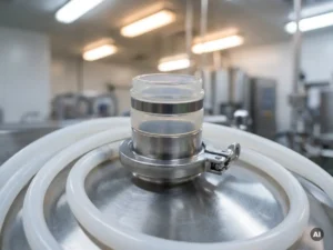 Voedselveilige flexibele manchetfitting op roestvrijstalen verwerkingsoppervlak met witte siliconenslang en hygiënische klemverbinding.