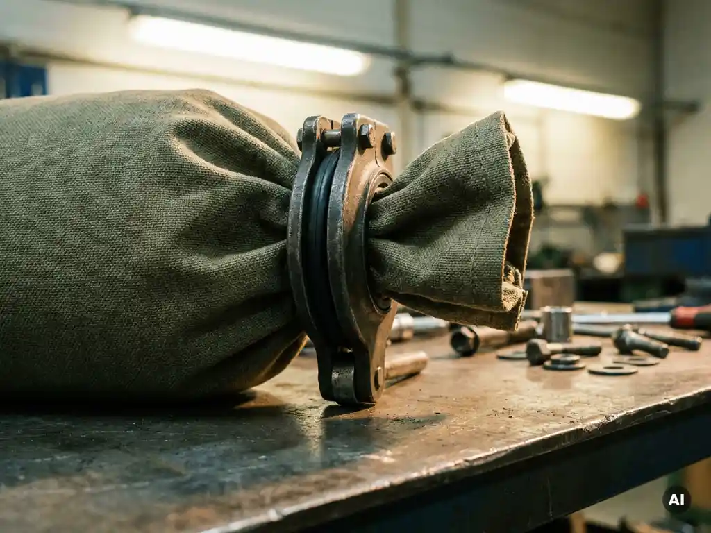 Zware industriële zakklem die de verzegelde hals van een dikke stoffen zak vastgrijpt op een stalen werkblad, met zichtbare rubberen afdichtingsring.